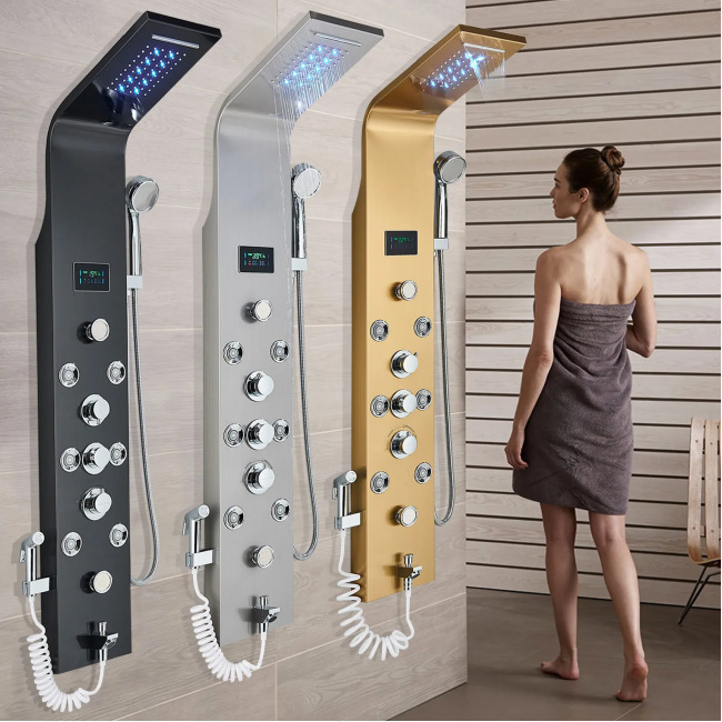 304 stainless steel shower screen, intelligent constant temperature digital display shower head, rain shower set, ambient light cross-border manufacturer wholesale details Picture