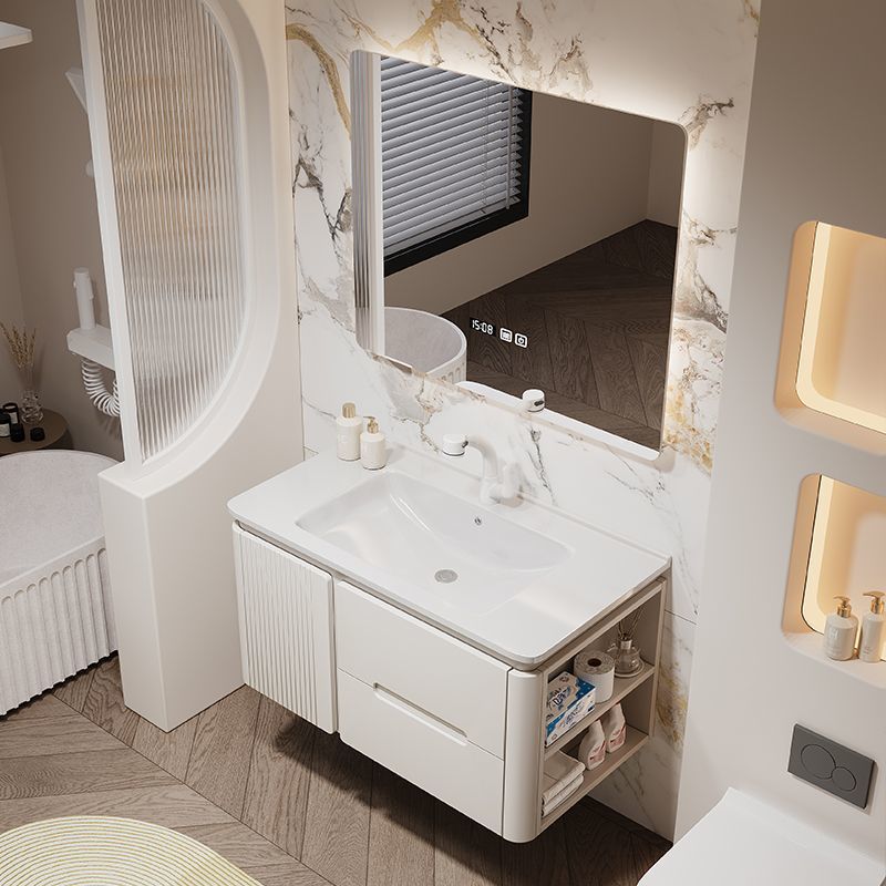 Simple oak bathroom cabinet, rounded corner combination bathroom, ceramic integrated cream washbasin for hand washing and face washing Application Scenario