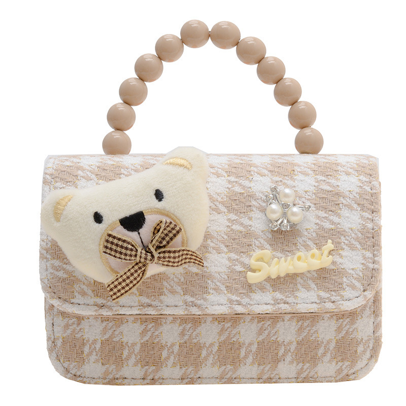 Children's bag, girls' autumn stylish single-shoulder chanel-style coffee-colored checkered crossbody bag, pearl handbag Item Picture