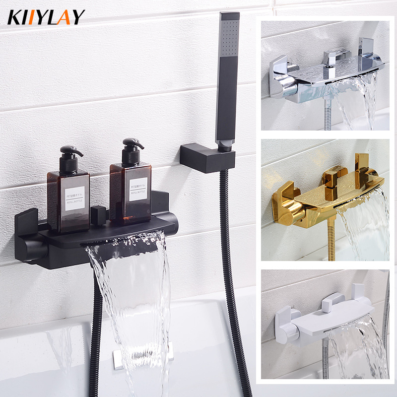 Wall-mounted bathtub faucet, brass waterfall triple cold and hot shower head set, American-style concealed apartment wall wine full figure