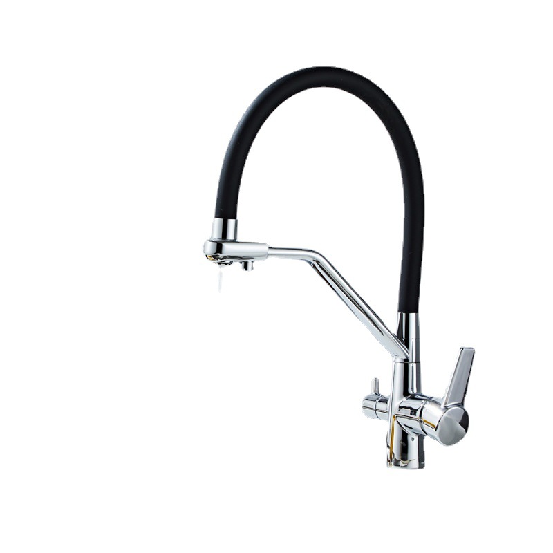 The three-in-one kitchen faucet for cross-border trade is made of all-copper and features a rotatable and pull-out sink with a single hole for direct drinking of cold and hot purified water Item Picture