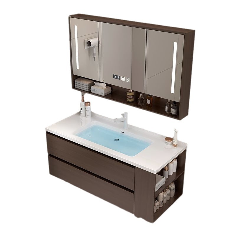 New walnut wood side cabinet, ceramic integrated basin, bathroom cabinet combination, bathroom washbasin, smart hand washing basin Item Picture