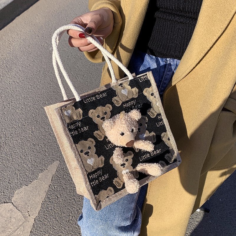 Portable lunch box, canvas bag 2021 new Korean version Instagram college student class bear tote bag Specification drawing