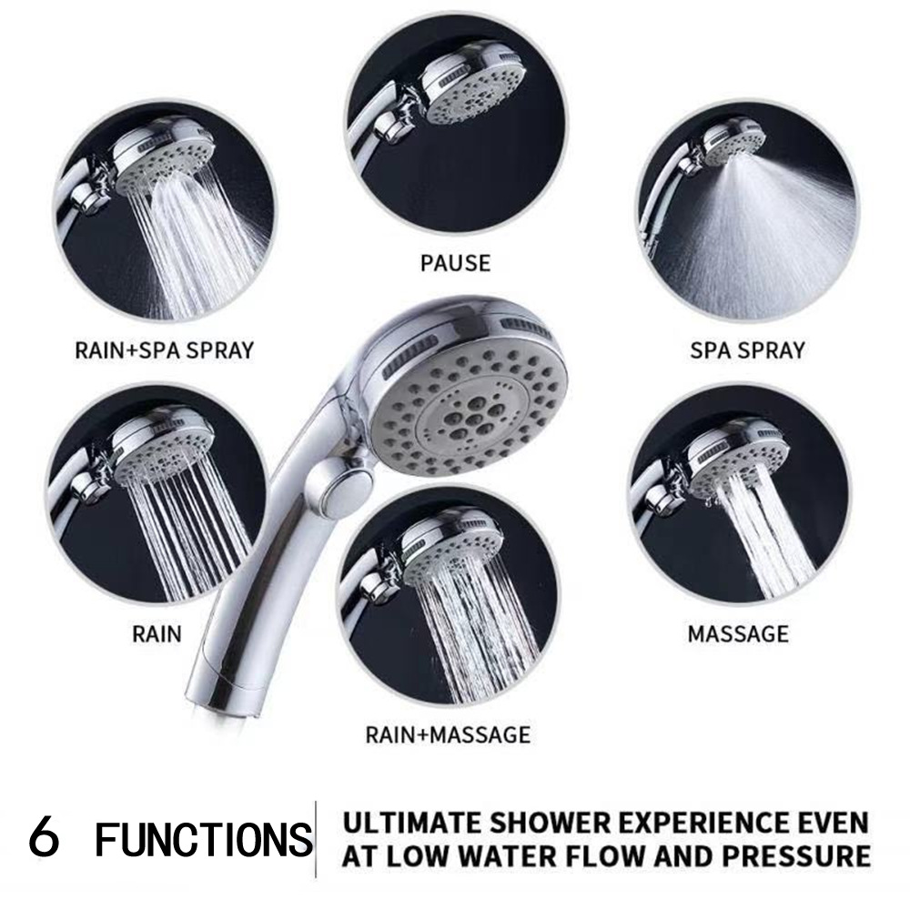 Cross-border European, American and Japanese push-button handheld showerhead set, water-stop and pressure-increasing 6 functions, bathroom showerhead 6 functions full figure