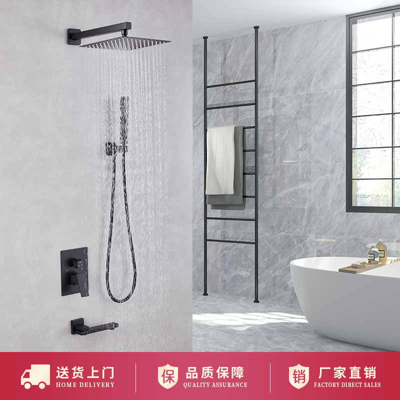 Black concealed shower head set, wall-mounted square three-function shower faucet, concealed mixing valve across the border details Picture