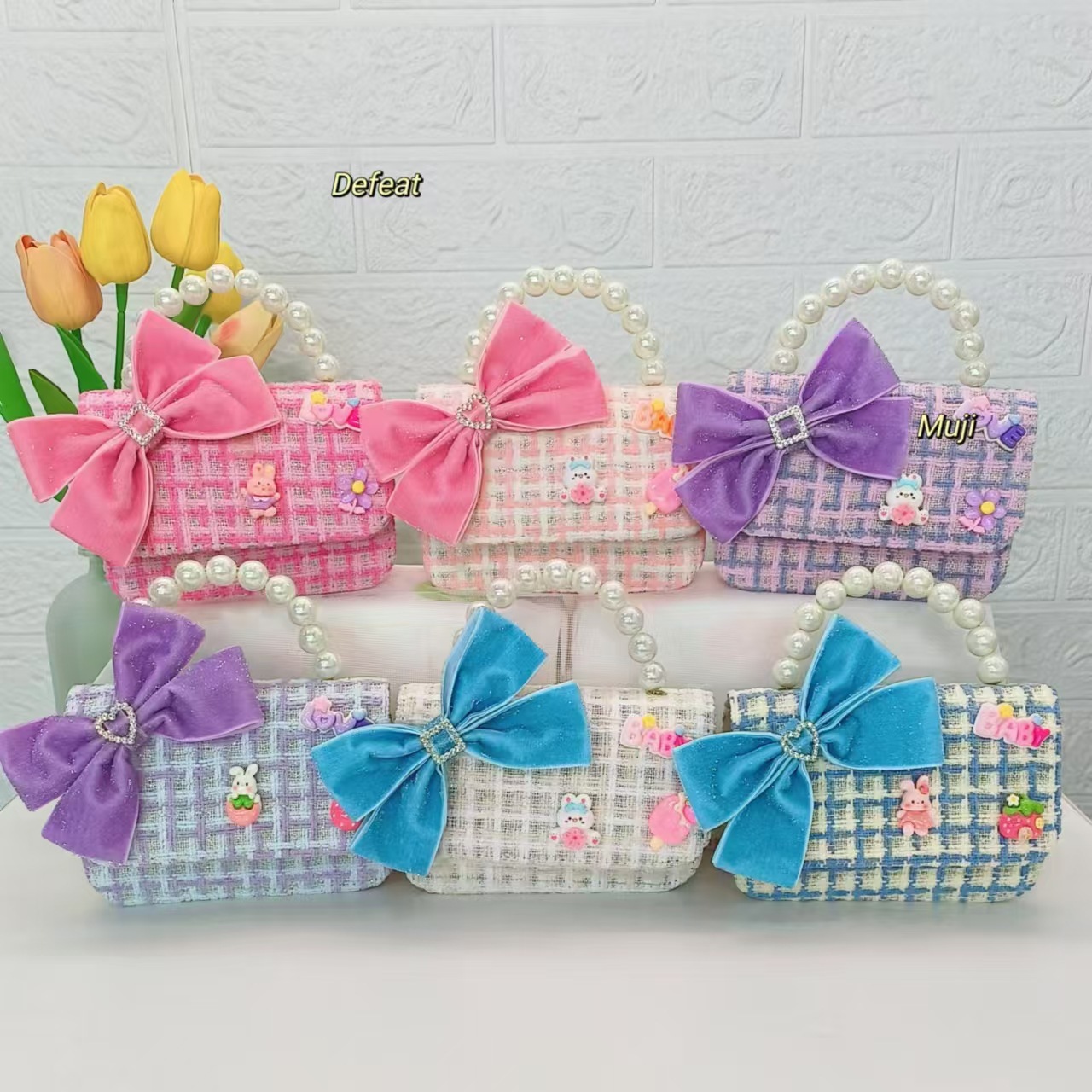 Bow rabbit children's bag, pearl handbag, little girl's loose change accessory bag, chain bag, bow small square bag Specification drawing