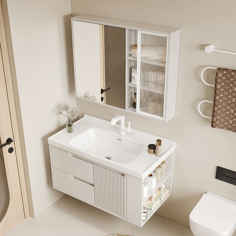 Bathroom cabinet mirror cabinet combination, side cabinet, side storage, ceramic washbasin cabinet combination, solid wood, cream oak Application Scenario