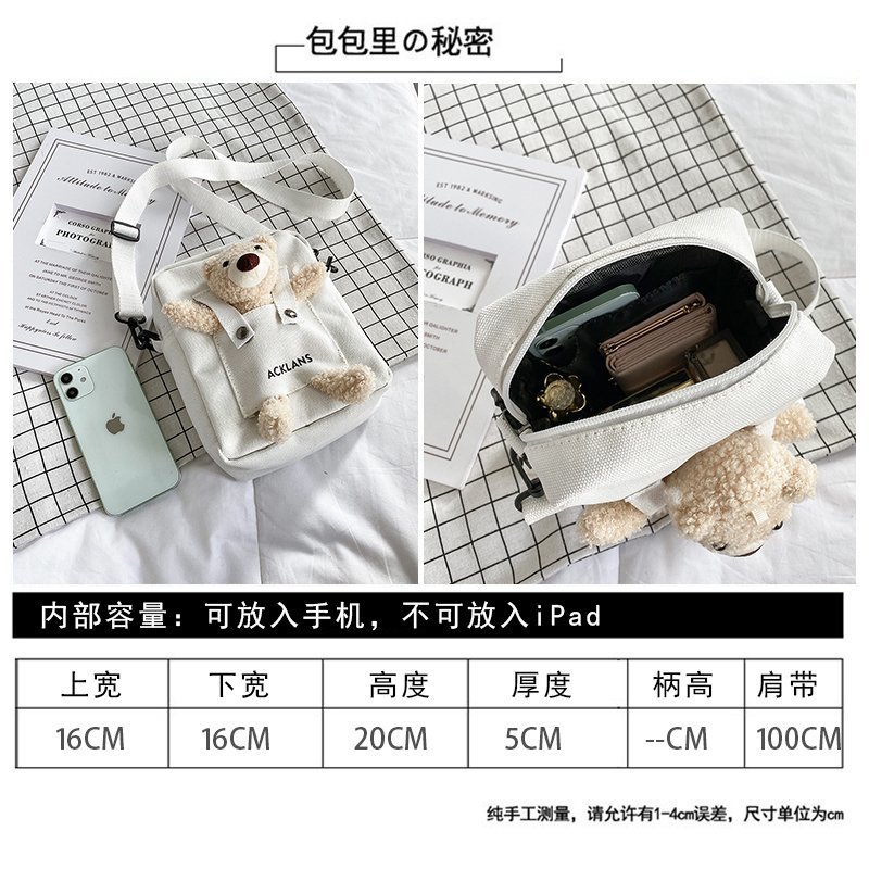 Spring 2024 new cute bear single-shoulder crossbody canvas small square bag, Instagram Japanese and Korean casual mobile phone bag for women Application Scenario