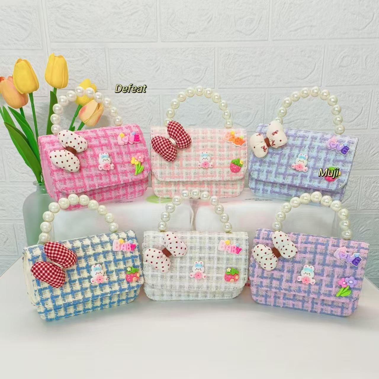 Bow rabbit pearl handbag, children's bag, little girl's loose change accessory bag, chain bag, bow small square bag full figure