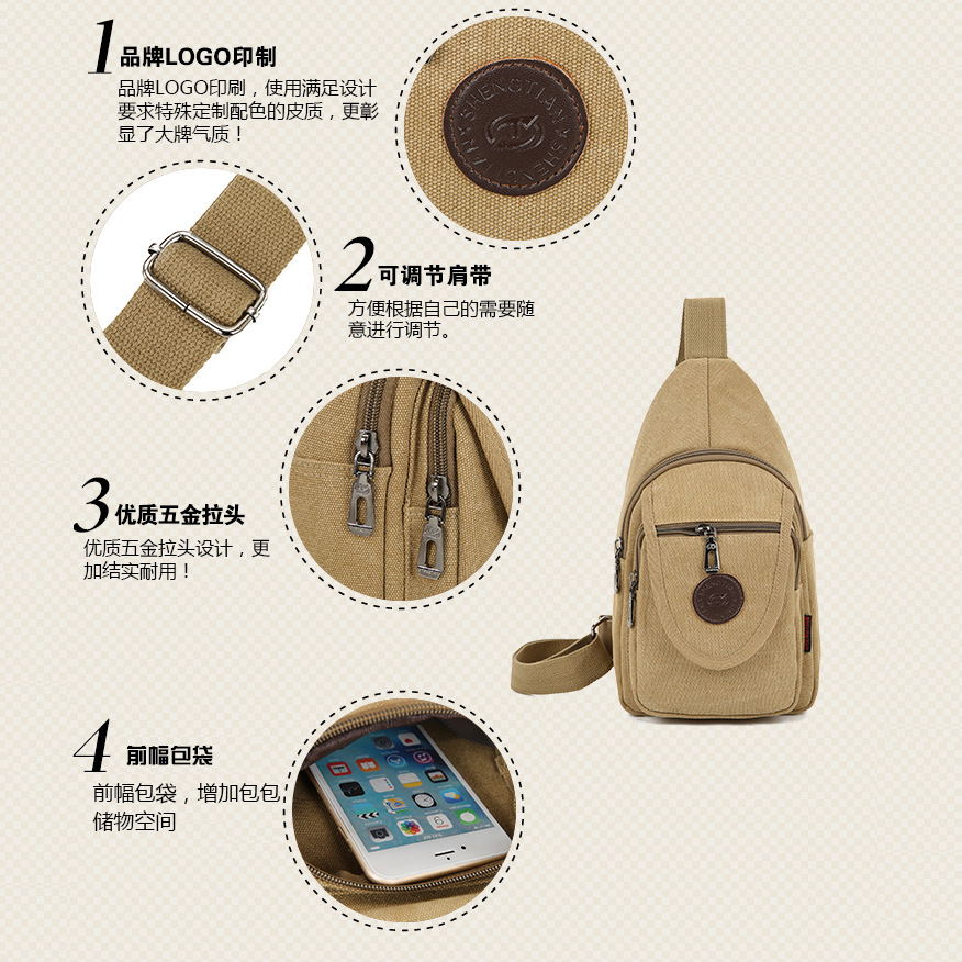 New men's chest bags, Korean-style single-shoulder bags, crossbody bags, men's and women's backpacks, Korean-style casual canvas bags, wholesale from manufacturers details Picture