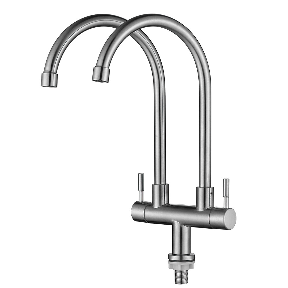 SUS304 stainless steel kitchen sink faucet, single cooling, double pipe, double handle, universal rotating kitchen sink, double outlet faucet Item Picture