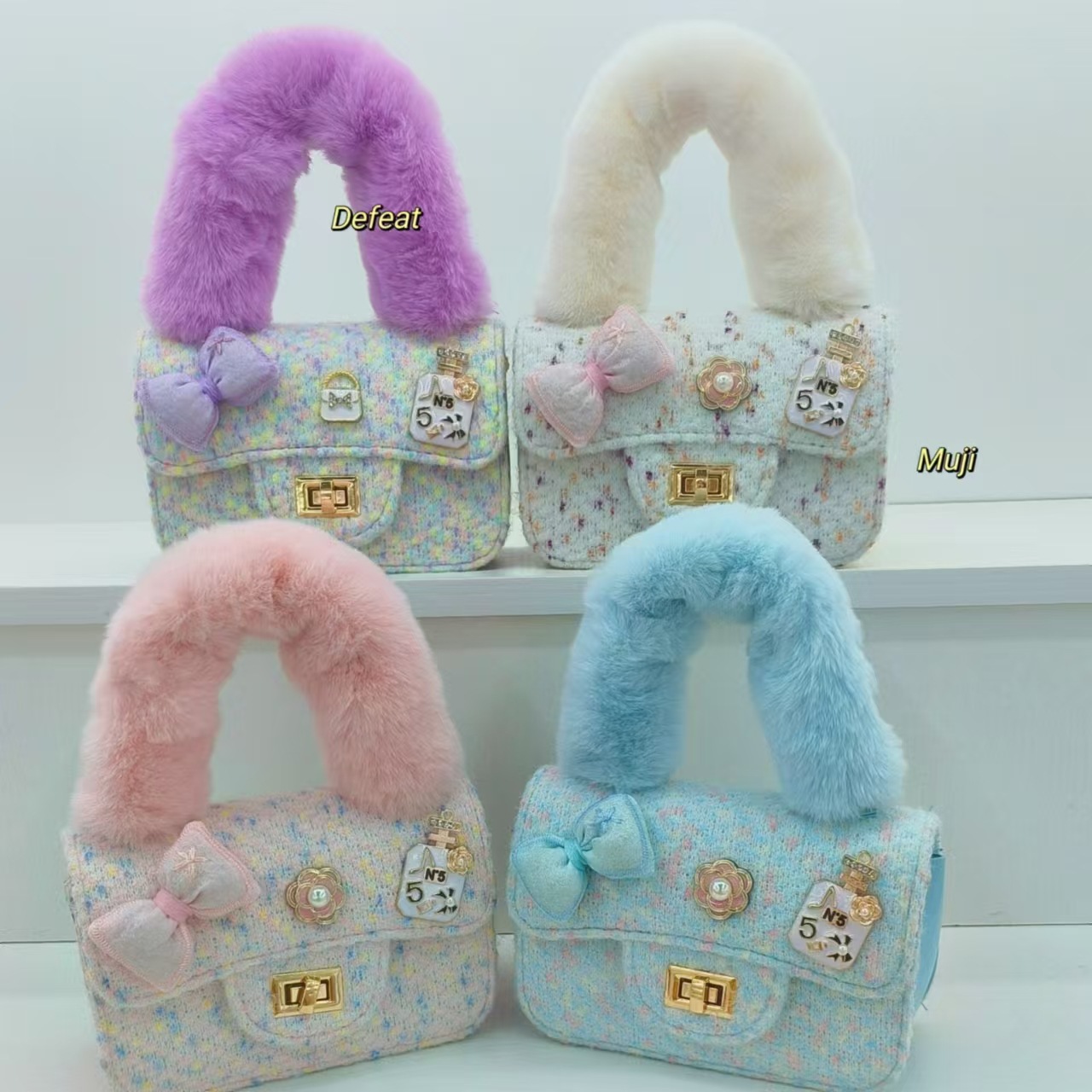 Bow plush handbag, little girl children's bag, single-shoulder bag, stylish crossbody bag, fashionable small square bag, coin purse Specification drawing