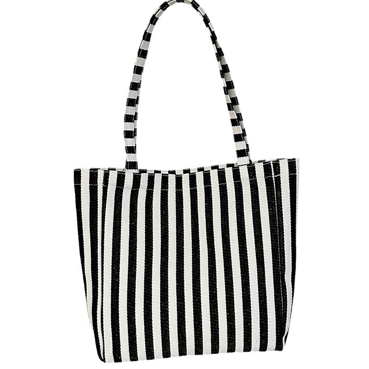 2024 Summer new canvas shoulder bag Tote bag, black and white striped trendy patchwork large capacity handbag Item Picture