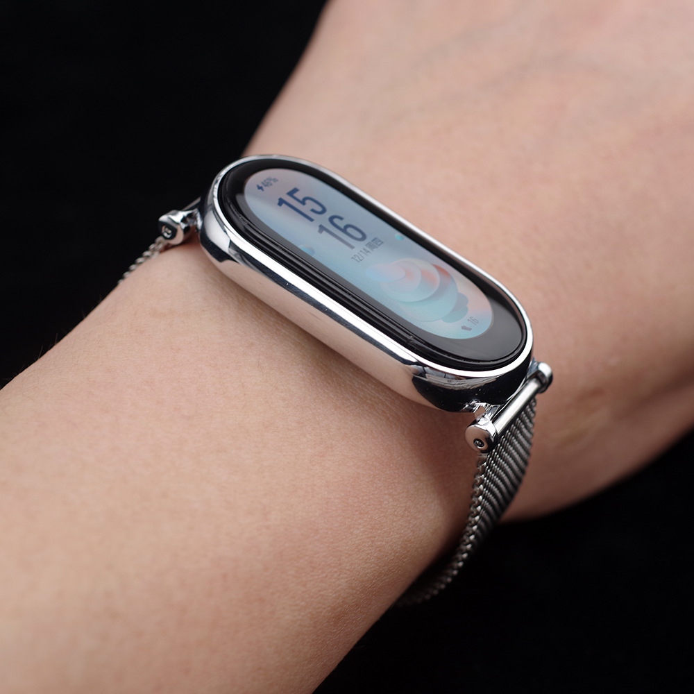 Applicable to Xiaomi Band 10/9/8, metal wristband connector, stainless steel Milan three-bead pendant necklace details Picture