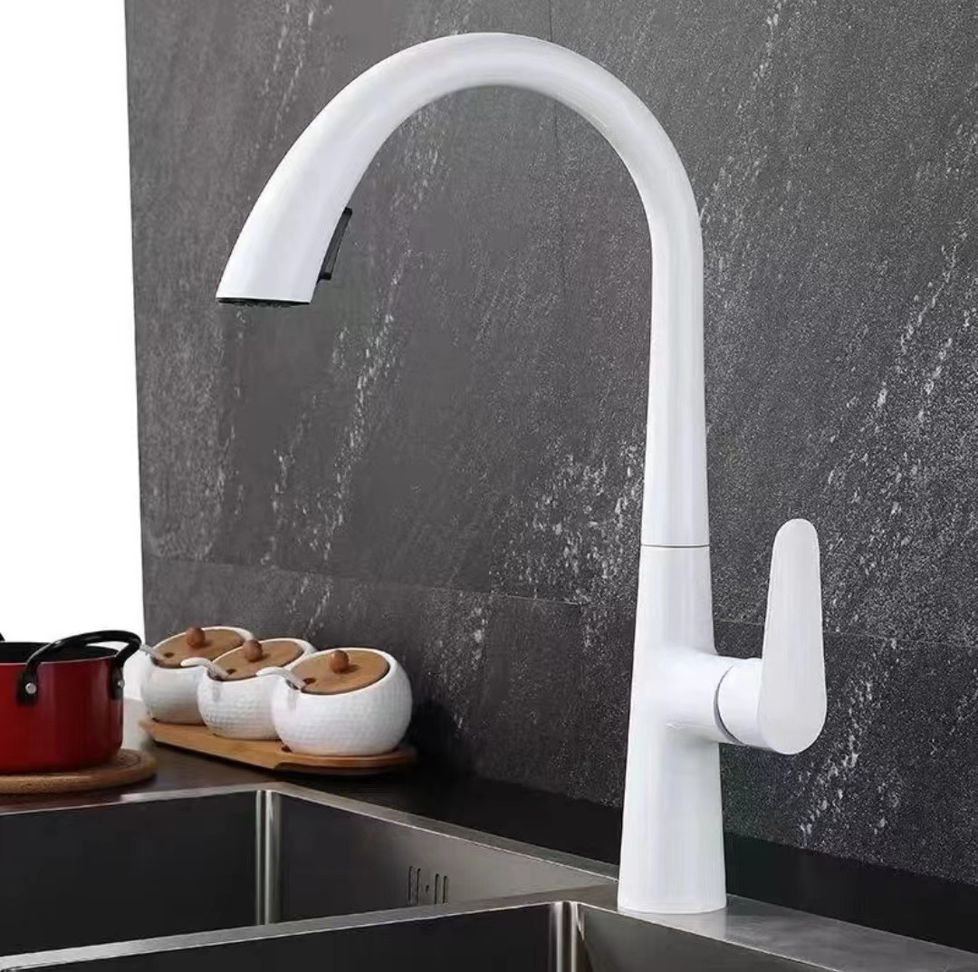 Household kitchen pull-out hot and cold water faucet, sink, sink, retractable splash-proof faucet, white full figure