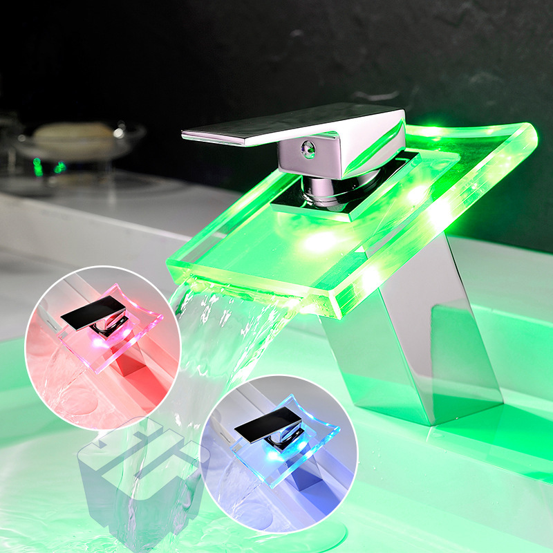 All-copper washbasin LED light cold and hot waterfall faucet, single-hole square glass waterfall faucet for bathroom and washroom Specification drawing