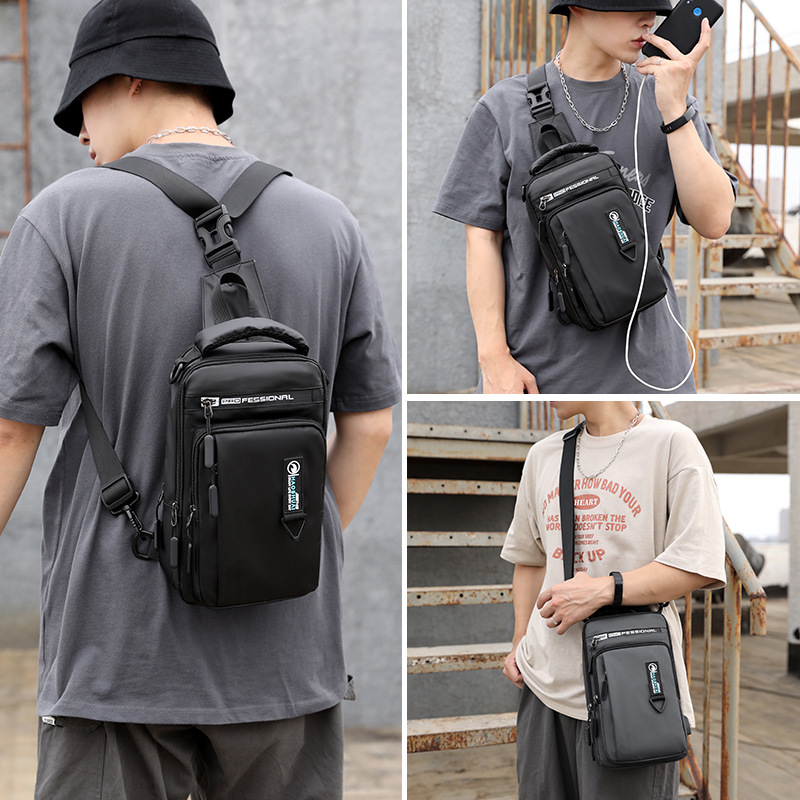 Cross-border exclusive new men's multi-functional chest bag, casual single-shoulder crossbody bag, USB charging chest bag, anti-theft backpack details Picture