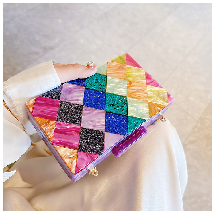 New cross-border foreign trade women's checkered acrylic bag, dinner bag, single-shoulder crossbody wedding and banquet clutch bag Item Picture