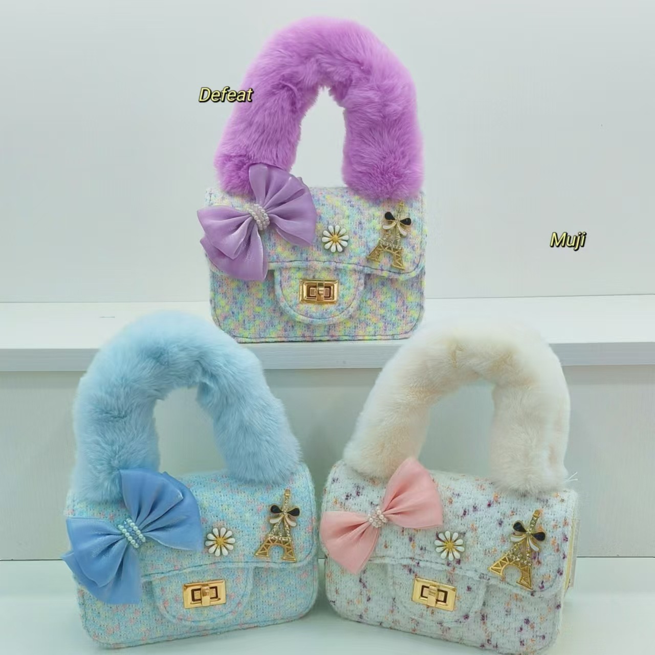 Bow plush handbag, fashionable shoulder bag, little girl's stylish crossbody bag, small square bag, coin purse, accessory bag Specification drawing