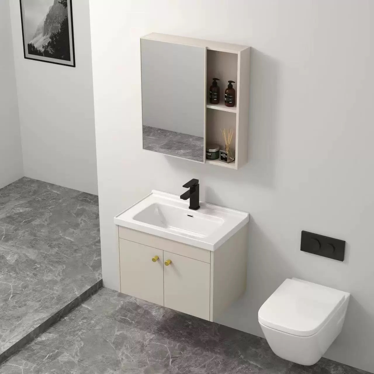 Cream-style space aluminum bathroom cabinet, combined bathroom ceramic integrated basin, hand washing basin, washbasin and washbasin Specification drawing