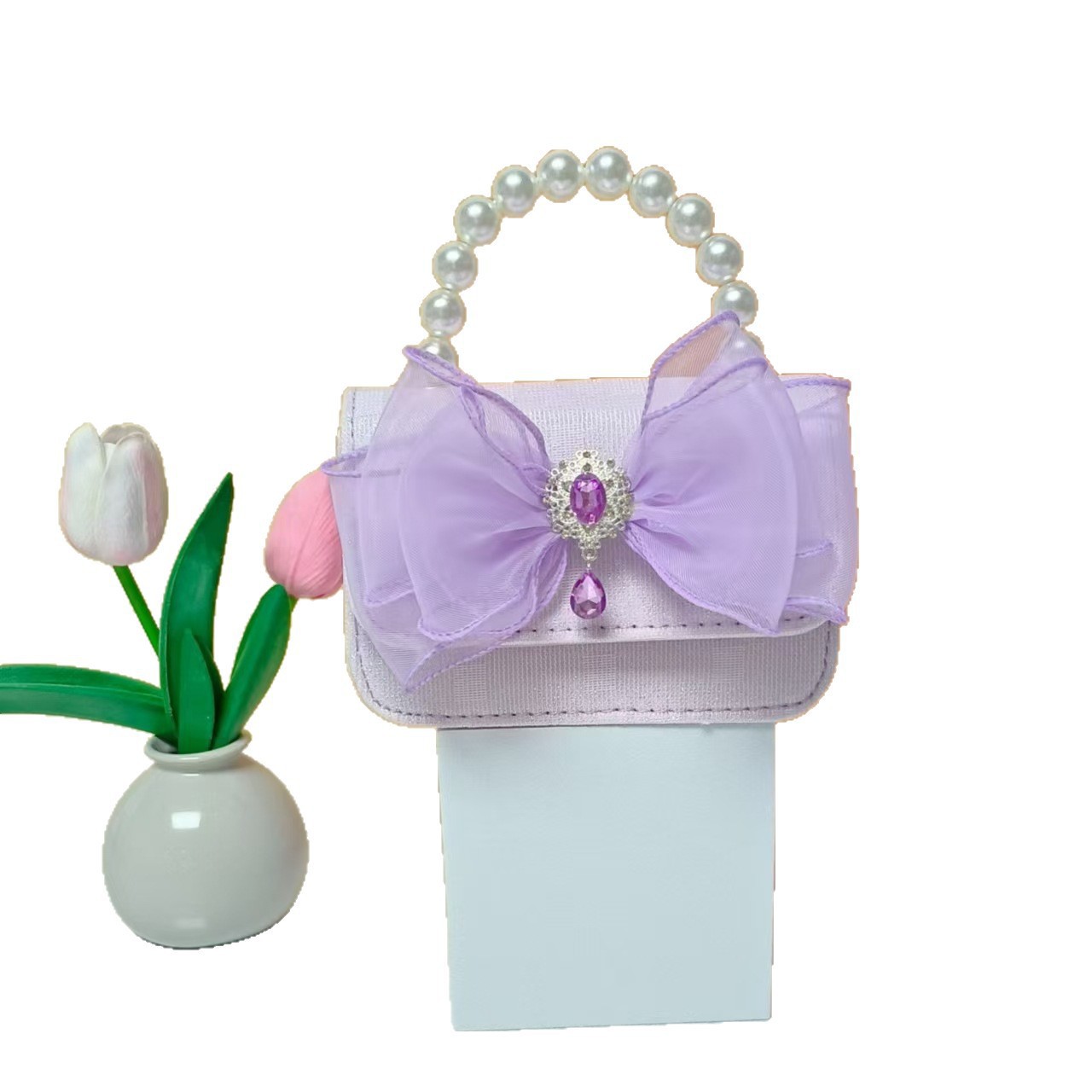Bow pearl handbag, princess single-shoulder crossbody coin accessory bag, girl's fine, chanel-style children's gift Item Picture
