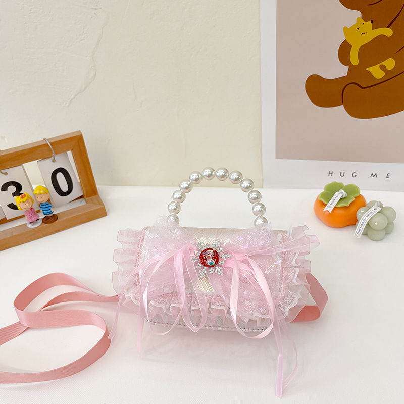 New children's bags, girls' crossbody small square bags, cute princess double-shoulder pearl handbags, lace single-shoulder bags wholesale details Picture