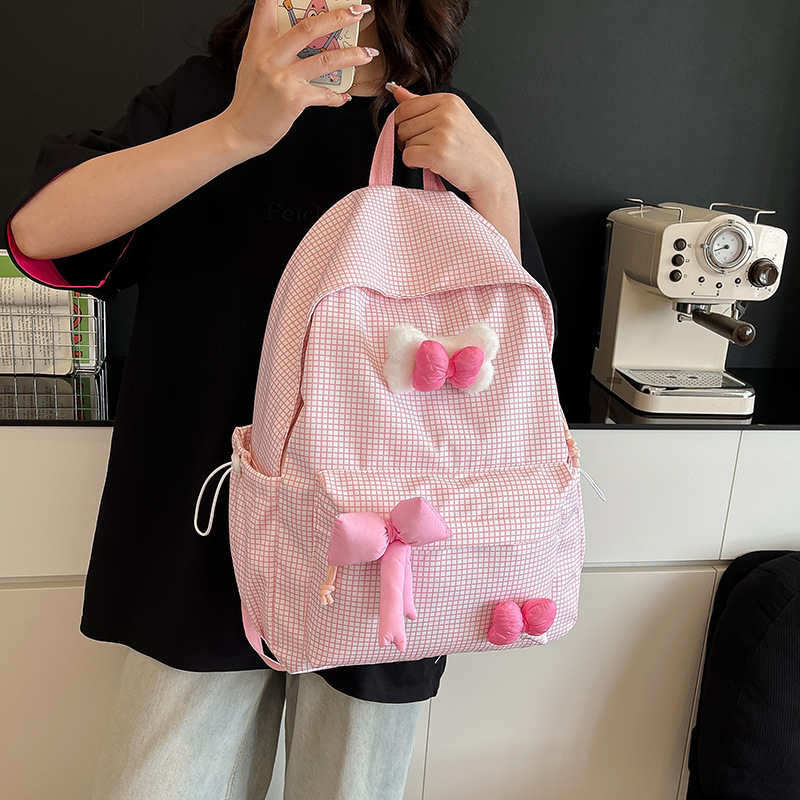 2025 New versatile backpack for students, solid color bow, simple and casual, large-capacity backpack for junior and senior high school details Picture