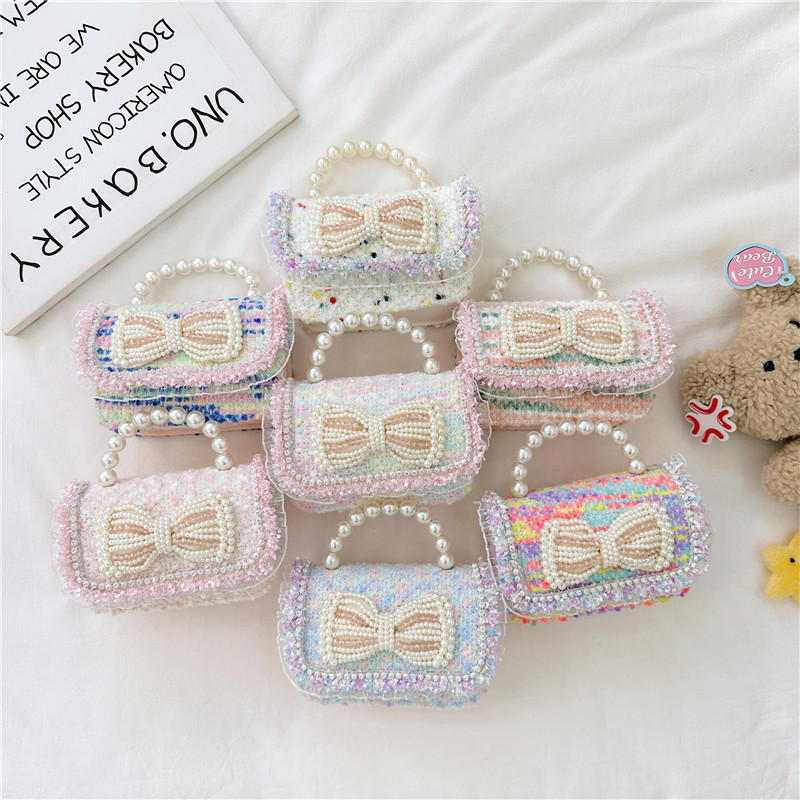 2025 Autumn/Winter New Chanel style pearl bow tweed children's bag, cute cartoon girl princess crossbody bag full figure