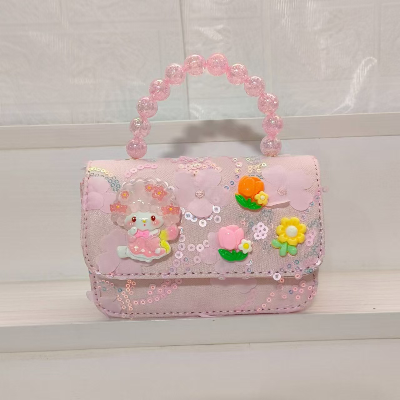 Little Lamb pearl handbag, children's bag, crossbody loose change accessory bag, little girl lucky money bag, chain small square bag, trendy Specification drawing