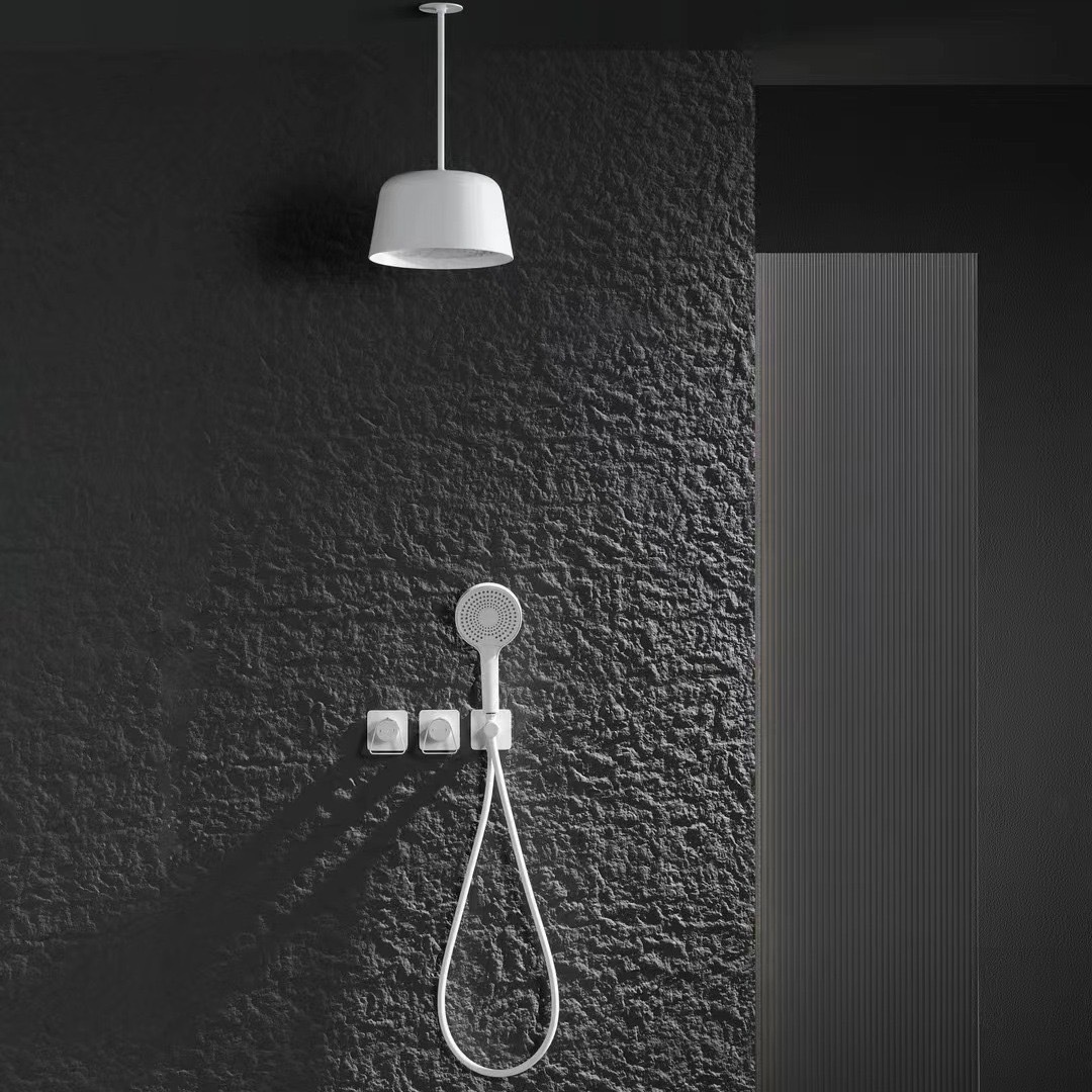 Creative all-copper white chandelier, concealed installation, minimalist hotel project, cold and hot embedded wall-mounted shower head set details Picture