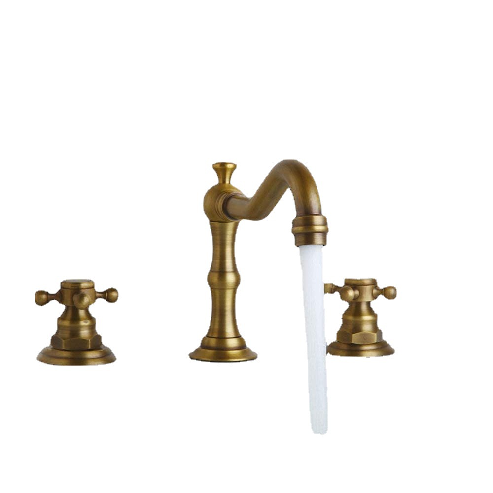 Copper antique bathroom sink bathtub three-piece set, faucet, plum blossom handwheel, three-hole washbasin, ceramic basin, black faucet Item Picture