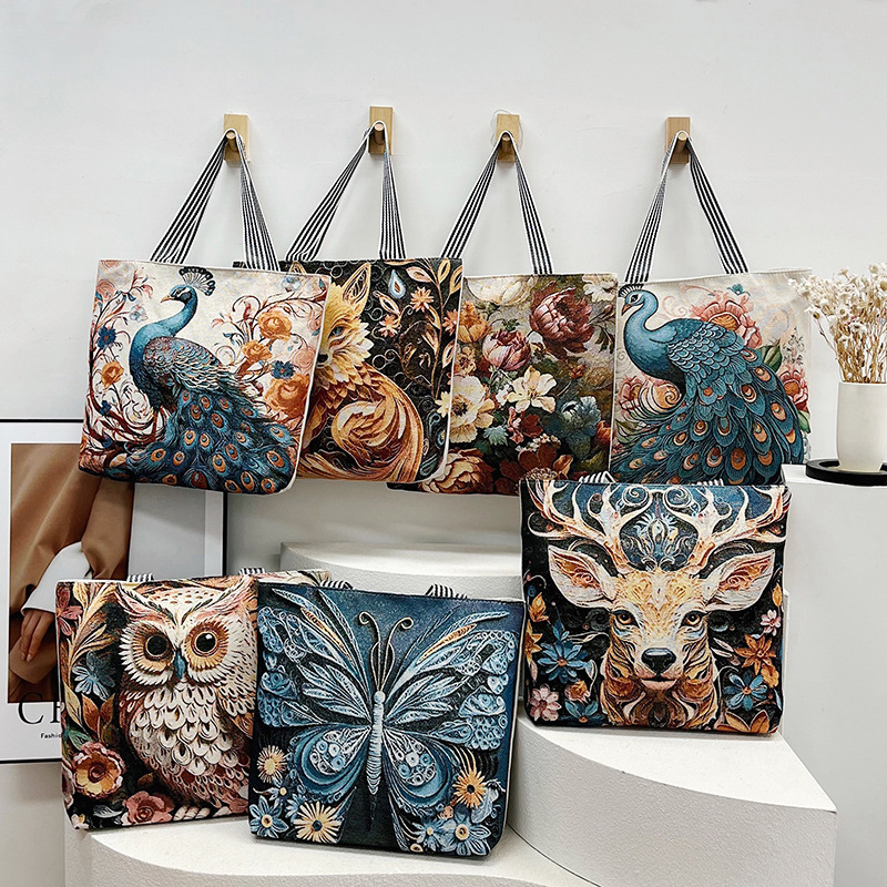 Cross-border autumn new collection of bags: 3D stereoscopic embroidered butterfly canvas bag with ethnic style, large tote bag with women's embroidery craftsmanship full figure