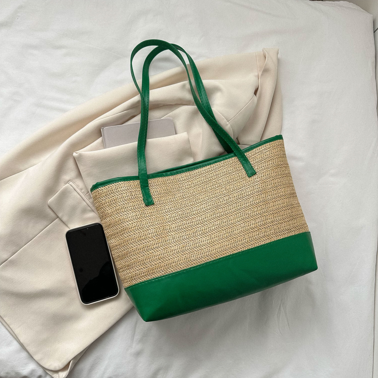 Wholesale of fashionable straw woven large bags for women in 2025, versatile and casual single-shoulder woven bags, simple beach tote bags Specification drawing