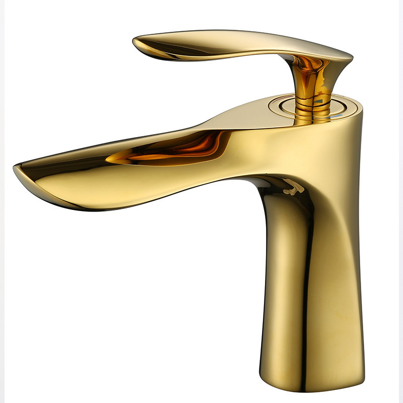 Jiumu all-copper Nordic-style golden washbasin faucet, bathroom, single-hole cold and hot water washing basin, washbasin and countertop Item Picture