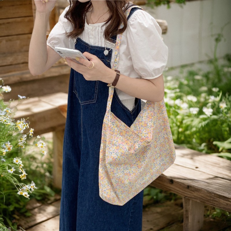 04161 Self-made Korean ins fresh and simple floral canvas bags, student art handbags, single-shoulder bags wholesale full figure