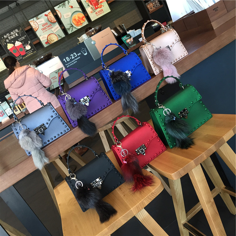 2025 New European and American fashion matte pvc jelly bag, trendy color diamond rivet hand shoulder crossbody bag details Picture
