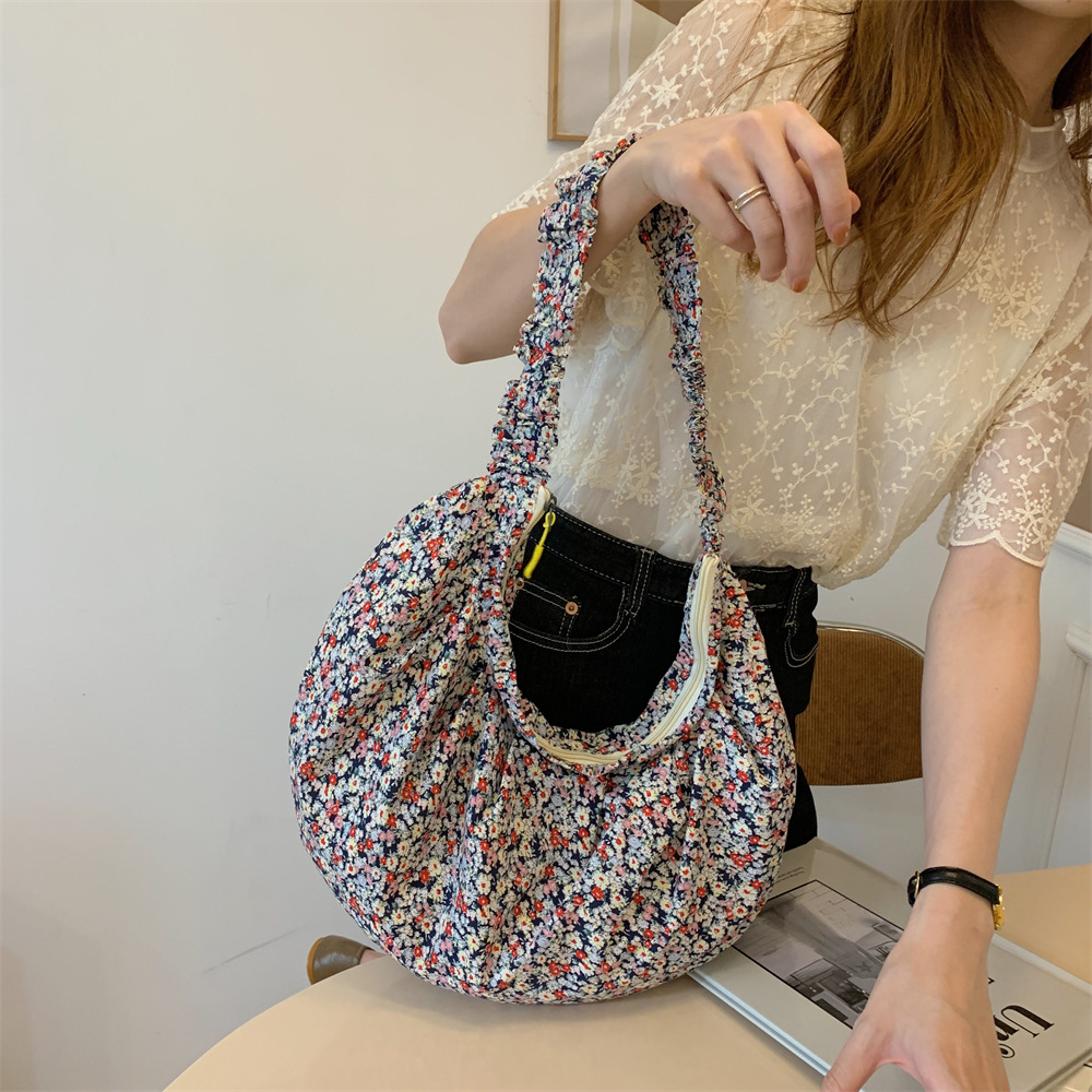 04202 Canvas bag for women, Japanese and Korean ins Spring/Summer fresh and simple floral single-shoulder crossbody bag, large capacity women's dumpling bag full figure