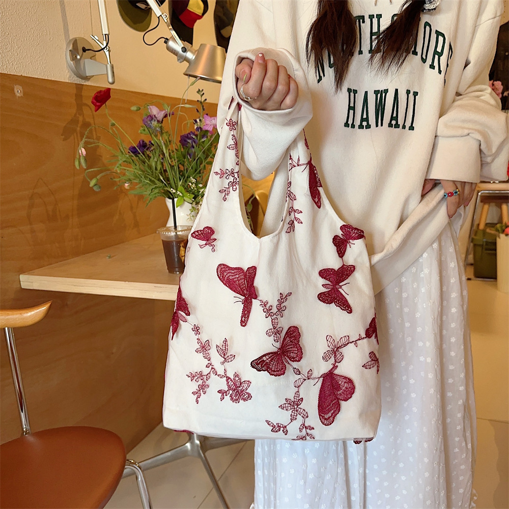 44292 Traditional Chinese style retro embroidered lace butterfly cloth bag for casual women's travel, canvas bag, large capacity single-shoulder bag Specification drawing