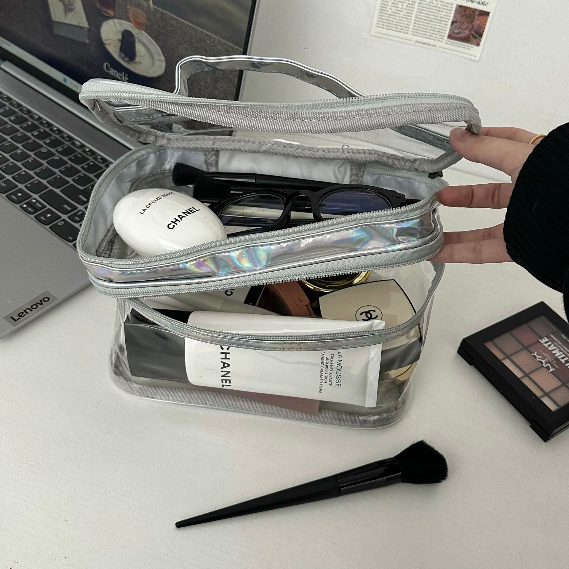 Laser transparent waterproof cosmetic bag for women 2025, new large-capacity double-layer skin care and cosmetic storage bag, toiletry bag details Picture