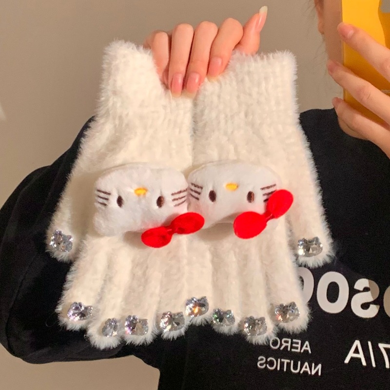 Diamond nail art cat plush gloves, thickened warm finger gloves for autumn and winter, student cycling cold-proof five-finger gloves details Picture