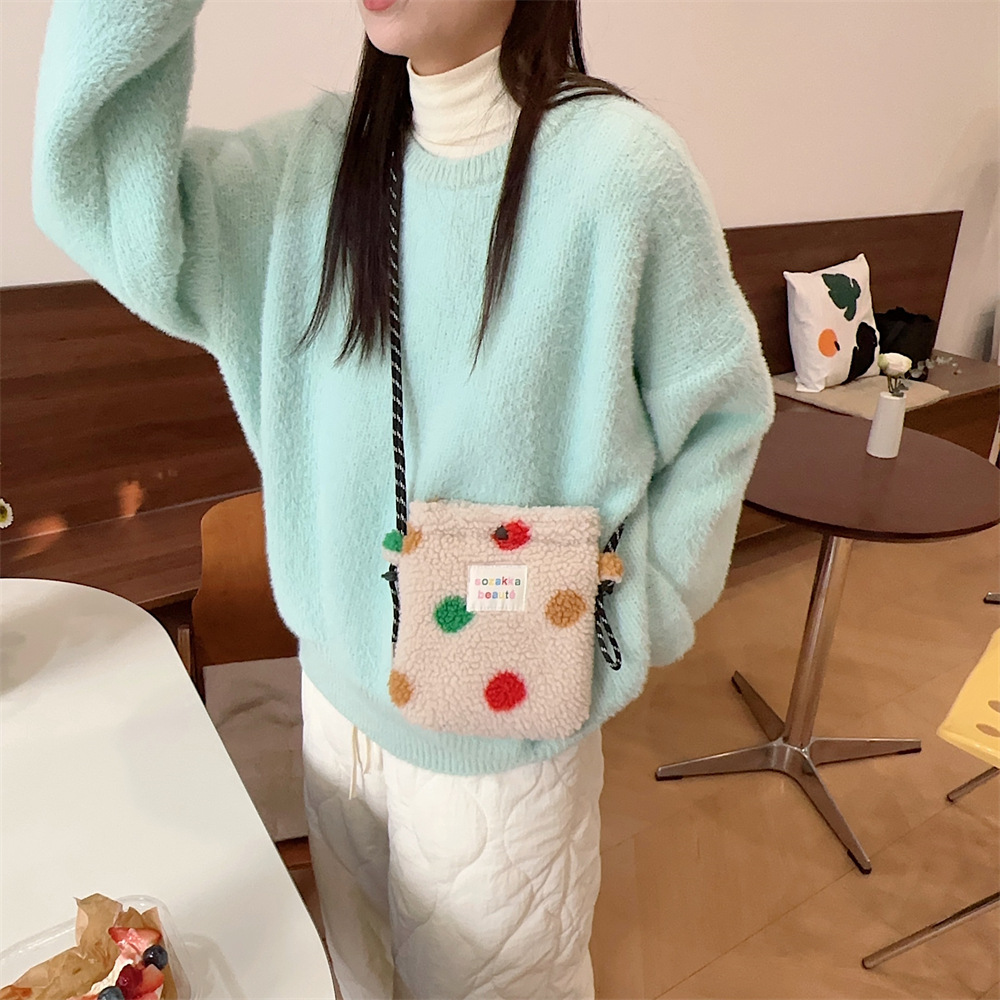 4112 New plush rainbow polka dot cute little bag, pink single-shoulder crossbody bag, shopping portable storage bag details Picture