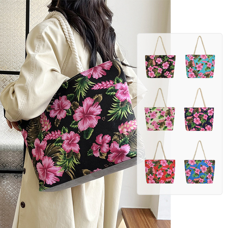 Wholesale of new cross-border tote bags, double-sided printed canvas bags, floral fabric single-shoulder bags, women's bags, ethnic style large-capacity bags full figure