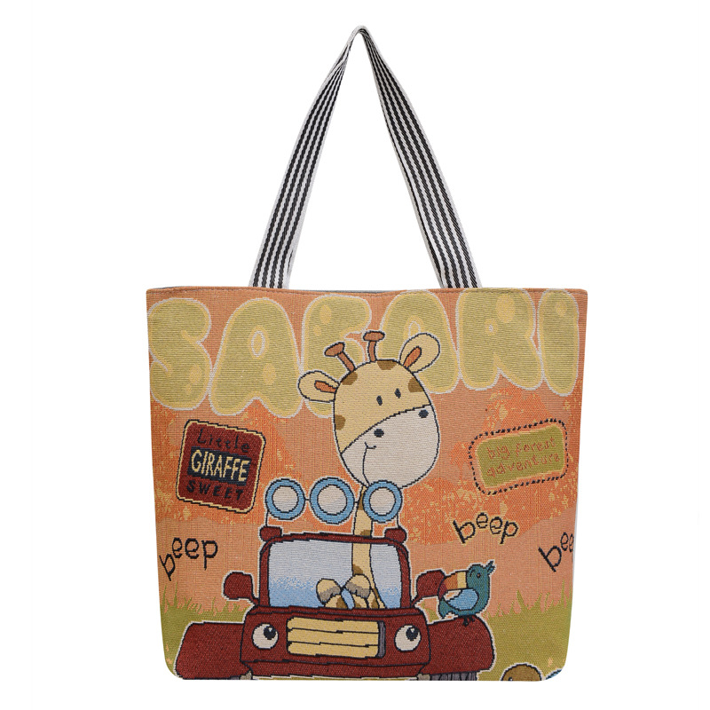 Cross-border single-shoulder handbag, cartoon cute animal print tote bag, linen embroidery casual commuting underarm bag Item Picture