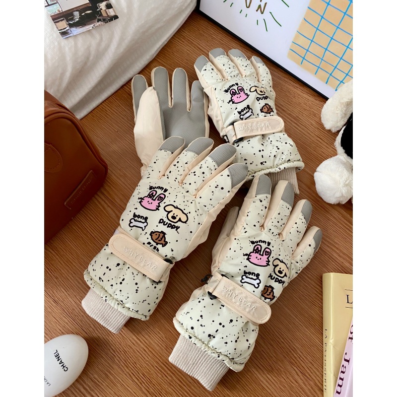 Original cartoon spotted ski dog gloves with fleece in winter, designed for outdoor cycling to keep warm and touch the screen full figure