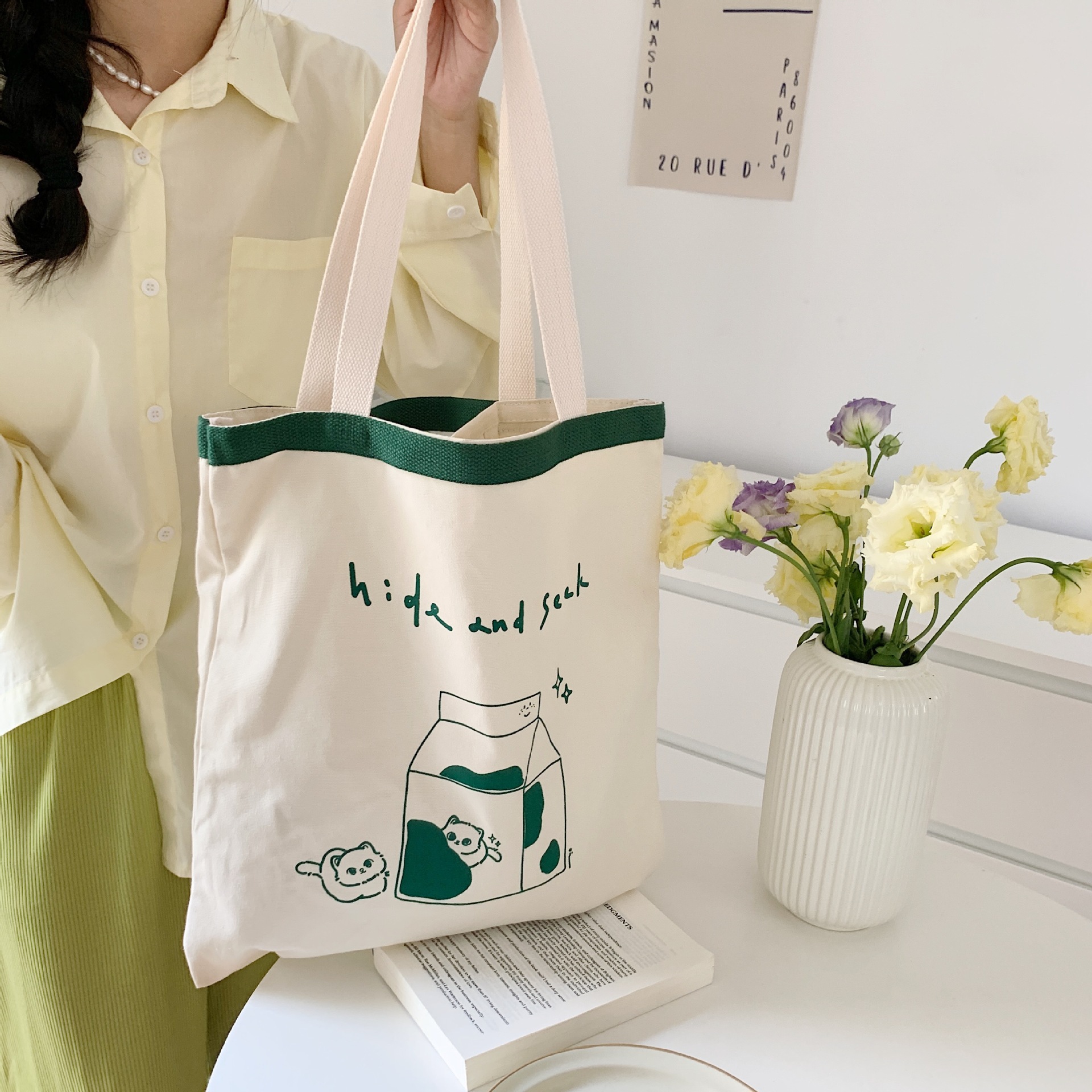 【 In Stock 】26141 Artistic Japanese-style milk cat printed canvas bag, simple shopping bag, women's cloth bag, large capacity Specification drawing
