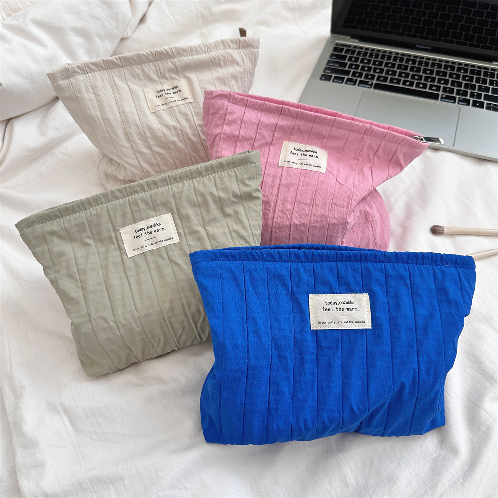 49181 Simple solid color striped makeup bag, portable large-capacity cosmetics bag, storage bag, large inner liner bag full figure