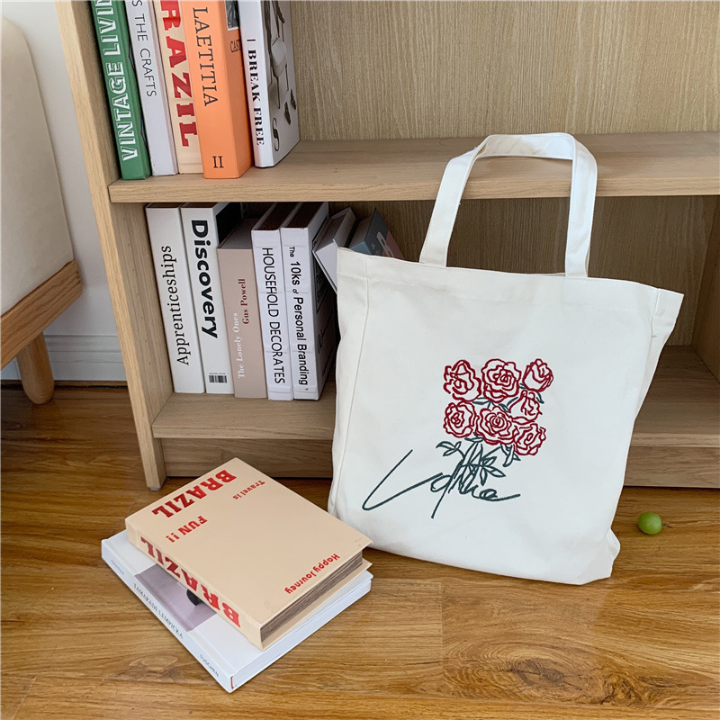 14301 Korean version embroidered rose retro canvas bag, ins laid-back style artistic college student single-shoulder bag wholesale Item Picture