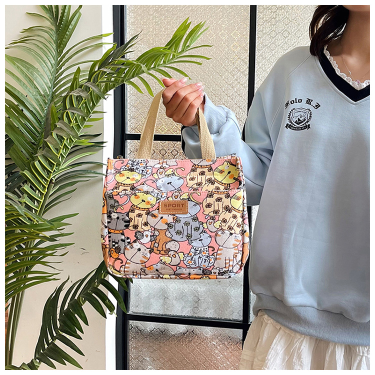Korean-style fresh and light printed handbag, lunch box for female office workers, lunch box bag, canvas small bag, hand-carried bag, cross-border details Picture
