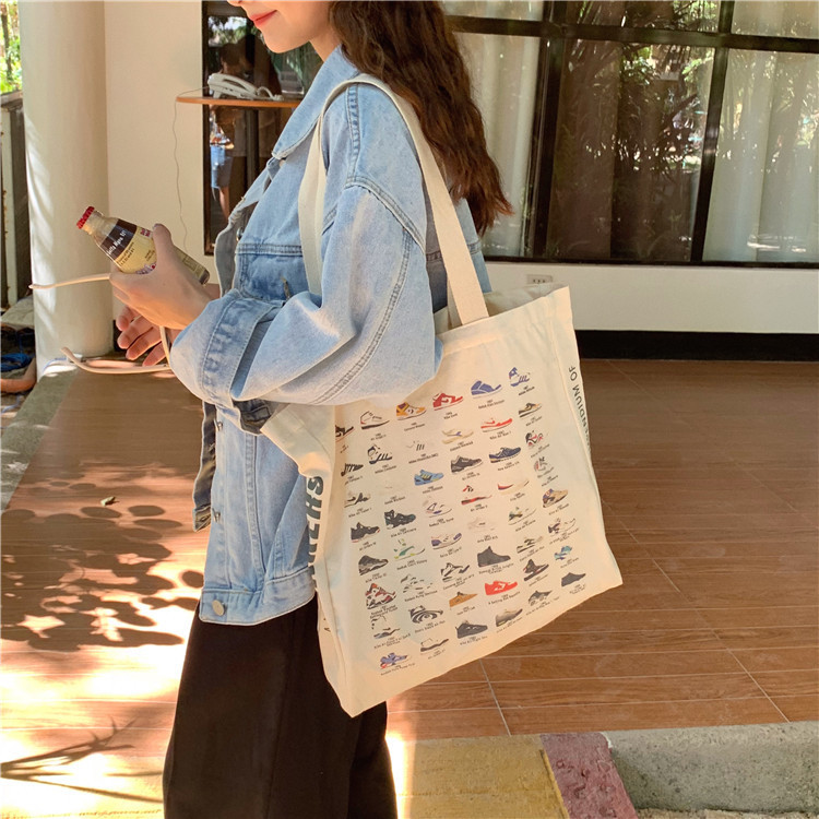 Wholesale supply of 9581 new large-capacity canvas single-shoulder bag, personalized ins printed bag, Hong Kong-style shopping bag details Picture