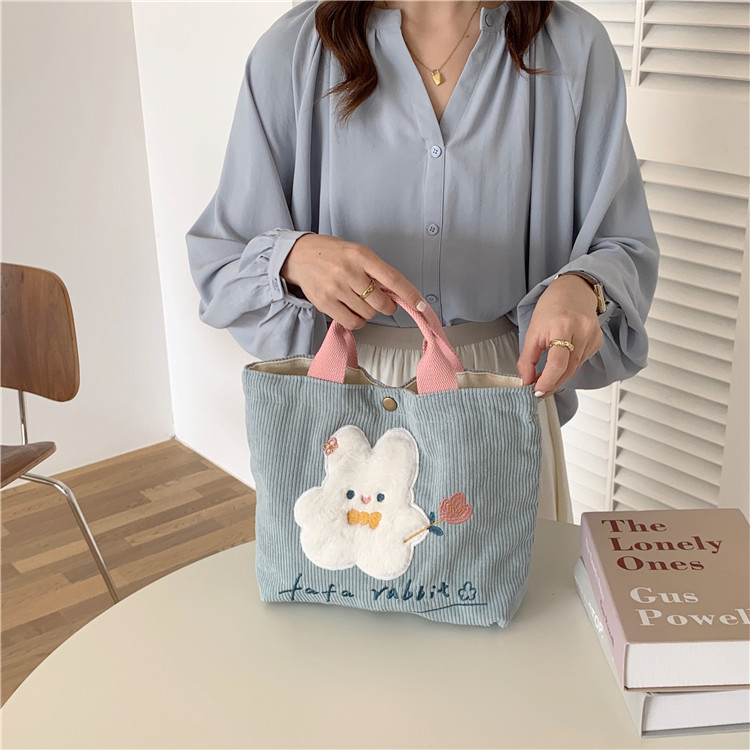 11097 Cute Cartoon rabbit embroidered canvas bag Corduroy tote bag for female students' commuting to work lunch box Application Scenario